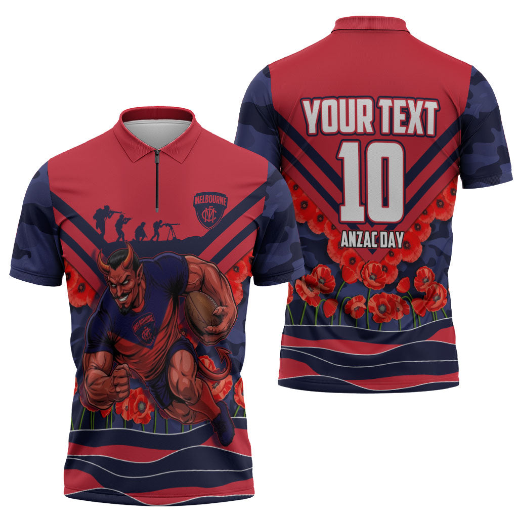 Personalised Melbourne Demons ANZAC Zipper Polo Shirt Military Remembrance Australian Football Mascot Camouflage