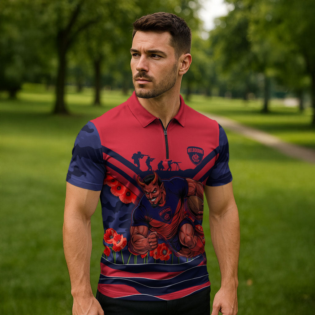 Personalised Melbourne Demons ANZAC Zipper Polo Shirt Military Remembrance Australian Football Mascot Camouflage