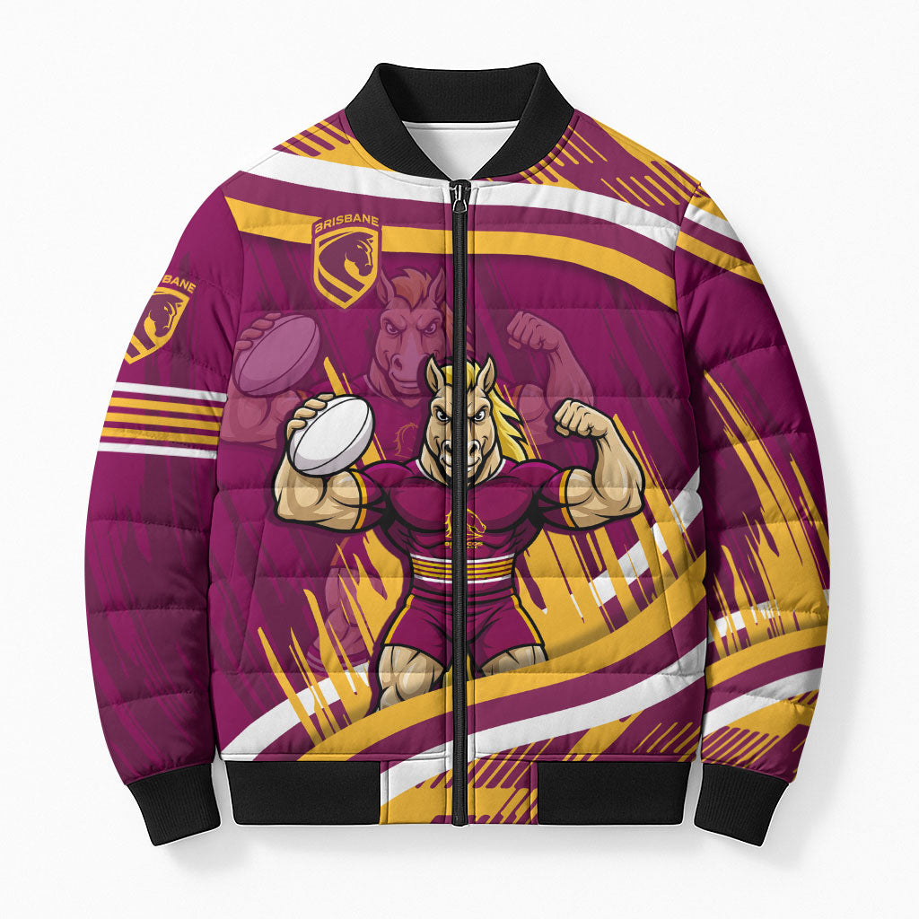 Brisbane Broncos Rugby Mascot Bomber Puffer Jacket Fierce Athlete Graphic in Sports Style