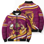 Brisbane Broncos Rugby Mascot Bomber Puffer Jacket Fierce Athlete Graphic in Sports Style