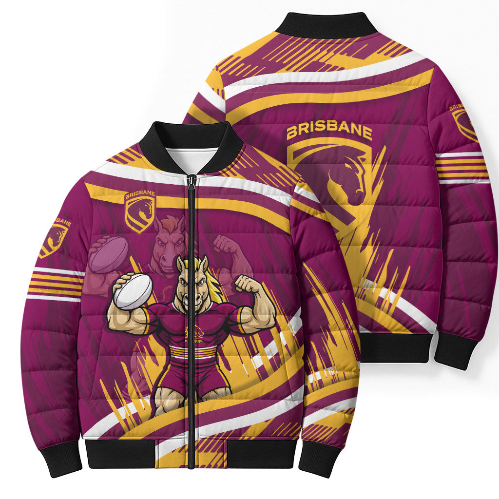 Brisbane Broncos Rugby Mascot Bomber Puffer Jacket Fierce Athlete Graphic in Sports Style