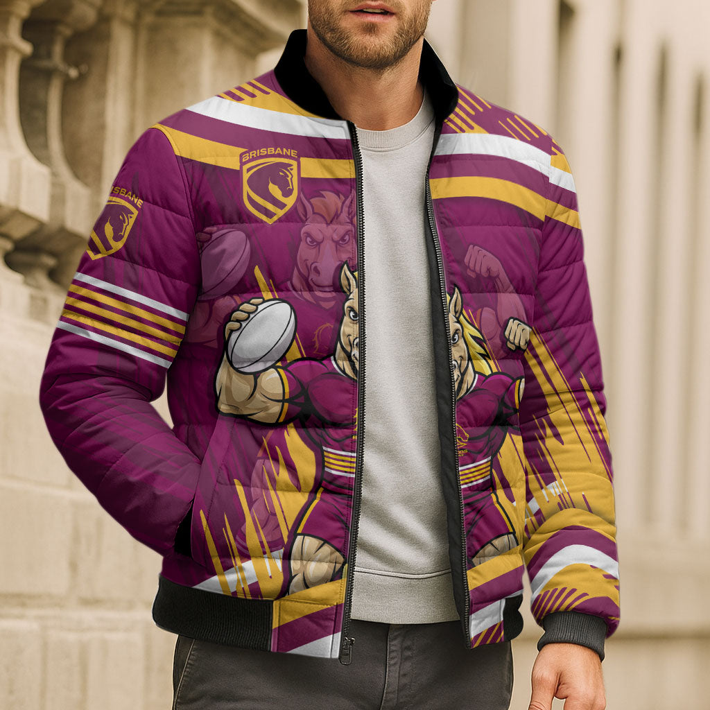 Brisbane Broncos Rugby Mascot Bomber Puffer Jacket Fierce Athlete Graphic in Sports Style