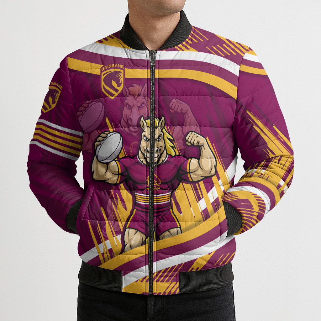 Brisbane Broncos Rugby Mascot Bomber Puffer Jacket Fierce Athlete Graphic in Sports Style
