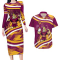 Brisbane Broncos Rugby Mascot Couples Matching Long Sleeve Bodycon Dress and Hawaiian Shirt Fierce Athlete Graphic in Sports Style