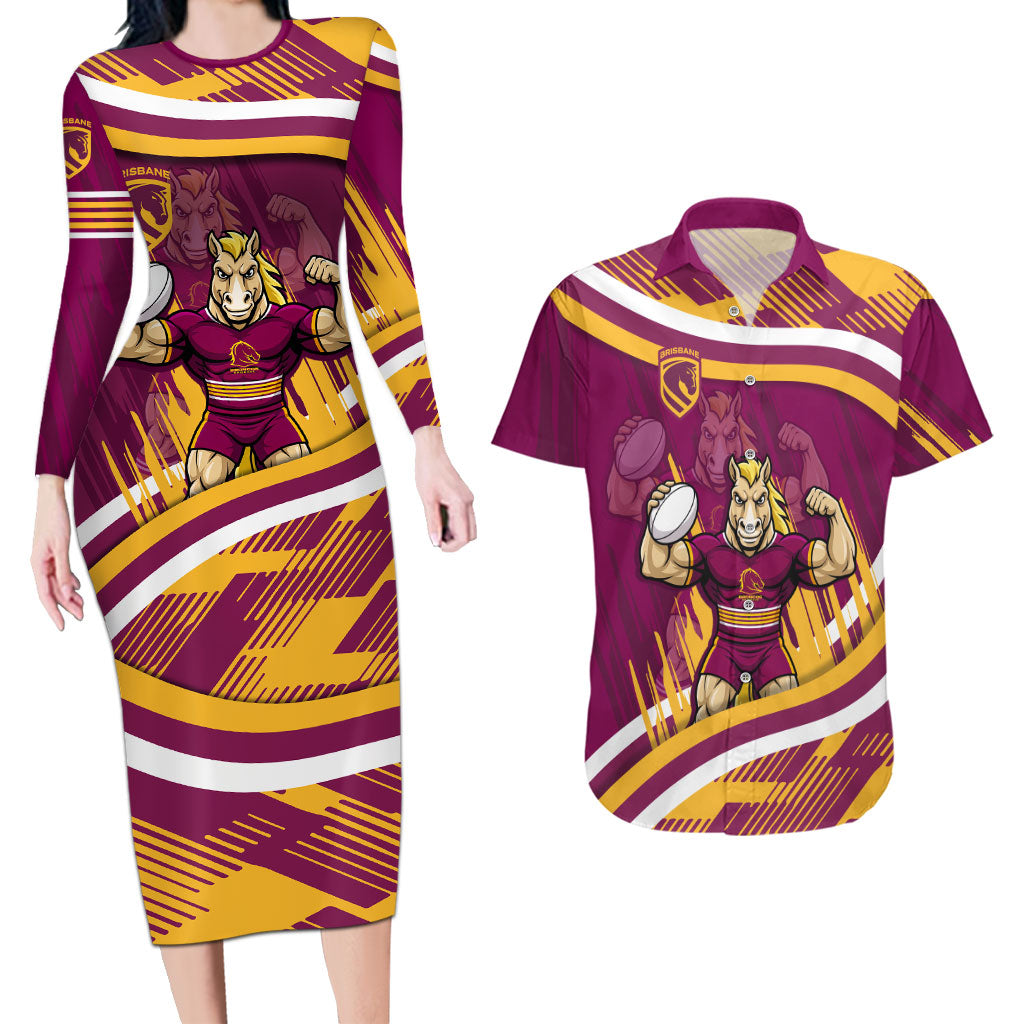 Brisbane Broncos Rugby Mascot Couples Matching Long Sleeve Bodycon Dress and Hawaiian Shirt Fierce Athlete Graphic in Sports Style