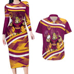 Brisbane Broncos Rugby Mascot Couples Matching Long Sleeve Bodycon Dress and Hawaiian Shirt Fierce Athlete Graphic in Sports Style