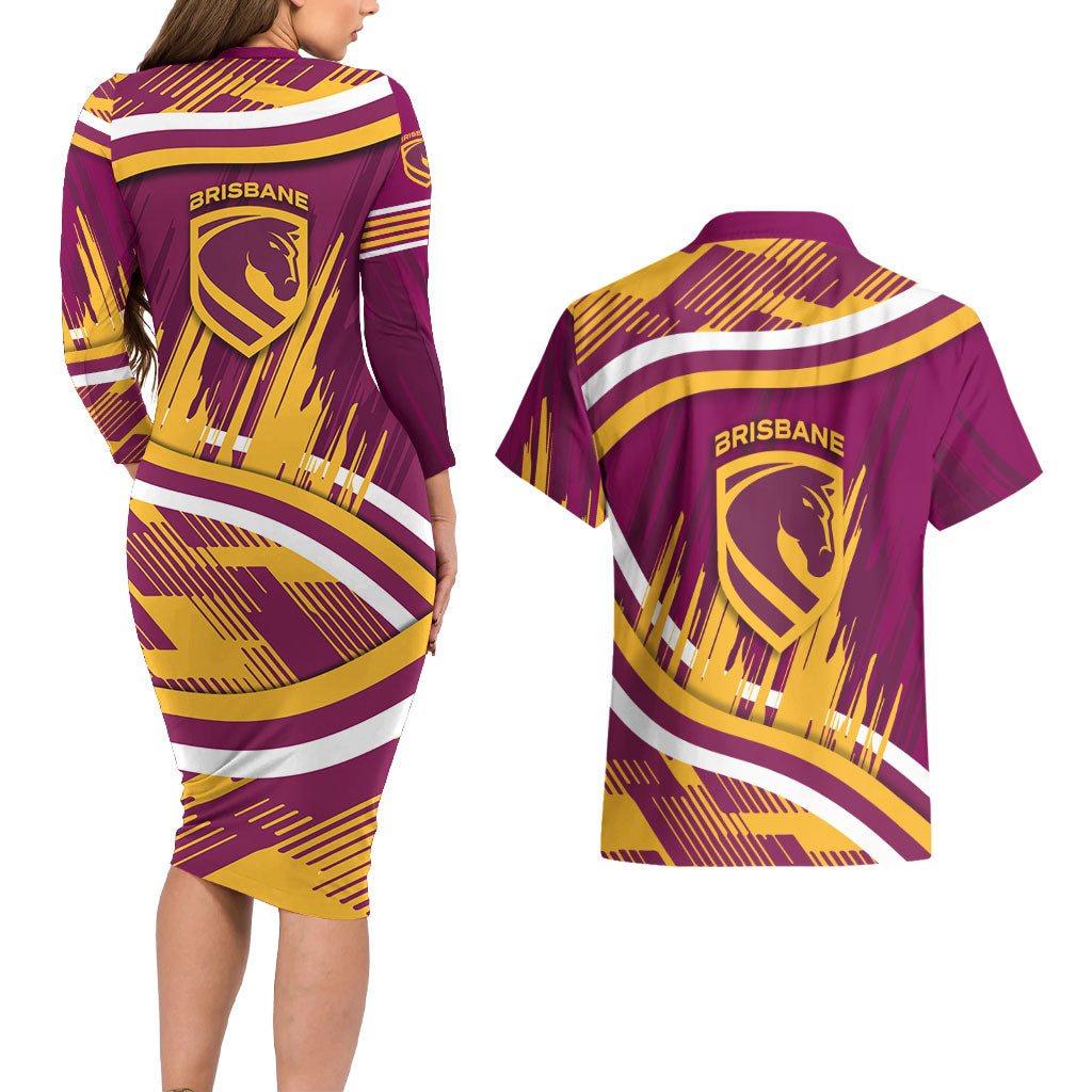 Brisbane Broncos Rugby Mascot Couples Matching Long Sleeve Bodycon Dress and Hawaiian Shirt Fierce Athlete Graphic in Sports Style