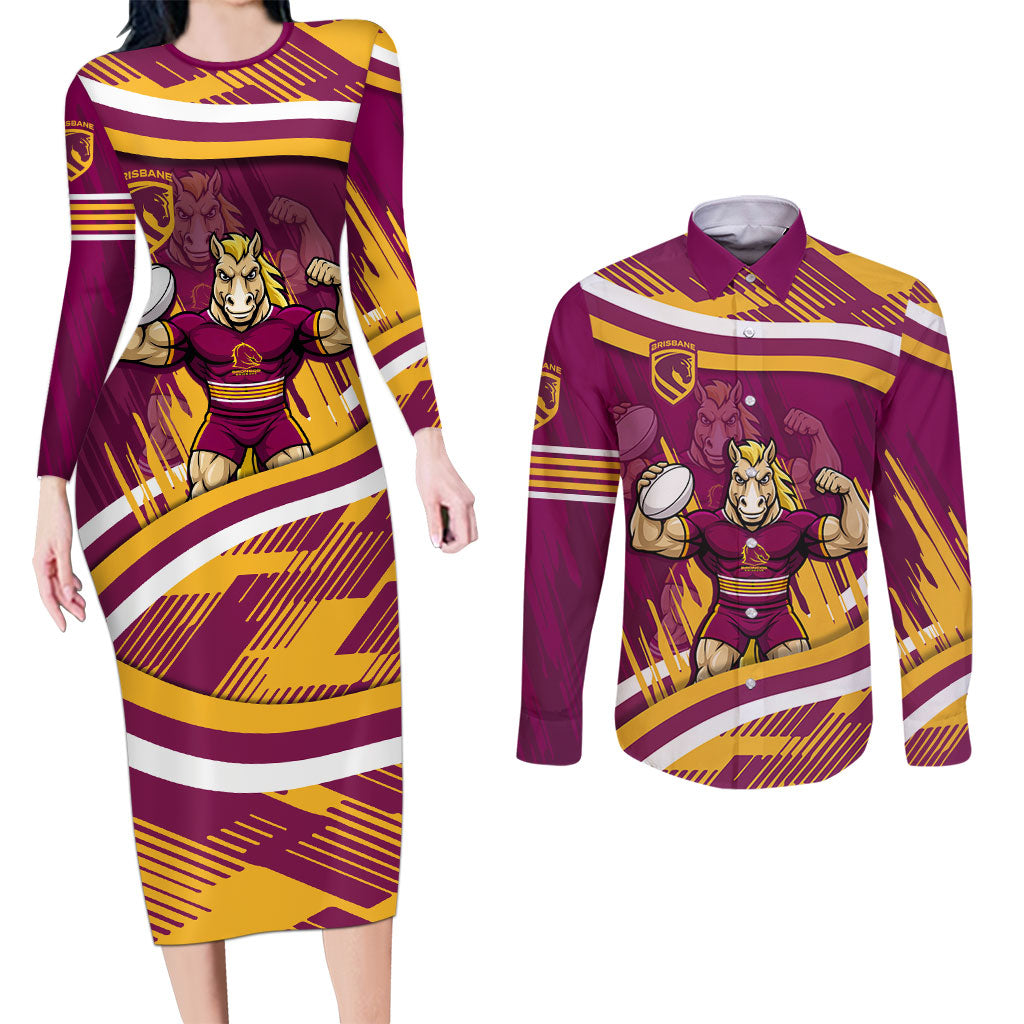 Brisbane Broncos Rugby Mascot Couples Matching Long Sleeve Bodycon Dress and Long Sleeve Button Shirt Fierce Athlete Graphic in Sports Style