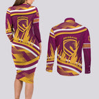 Brisbane Broncos Rugby Mascot Couples Matching Long Sleeve Bodycon Dress and Long Sleeve Button Shirt Fierce Athlete Graphic in Sports Style