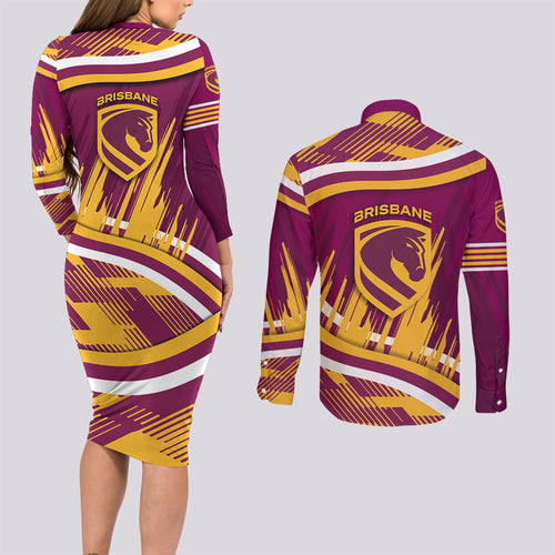 Brisbane Broncos Rugby Mascot Couples Matching Long Sleeve Bodycon Dress and Long Sleeve Button Shirt Fierce Athlete Graphic in Sports Style