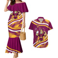 Brisbane Broncos Rugby Mascot Couples Matching Mermaid Dress and Hawaiian Shirt Fierce Athlete Graphic in Sports Style