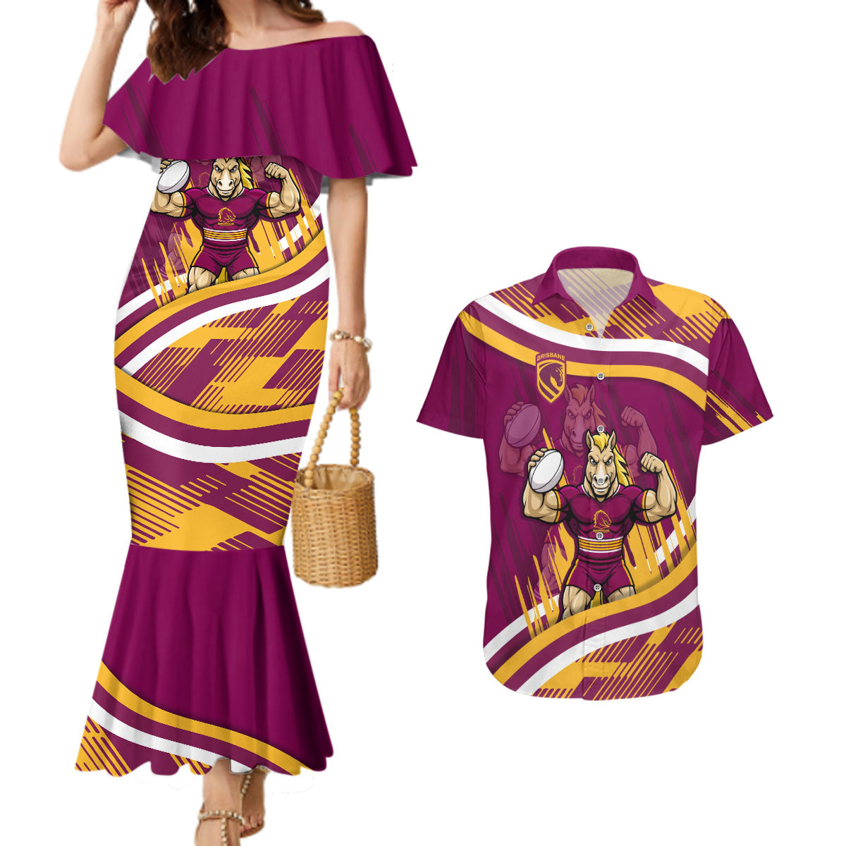 Brisbane Broncos Rugby Mascot Couples Matching Mermaid Dress and Hawaiian Shirt Fierce Athlete Graphic in Sports Style