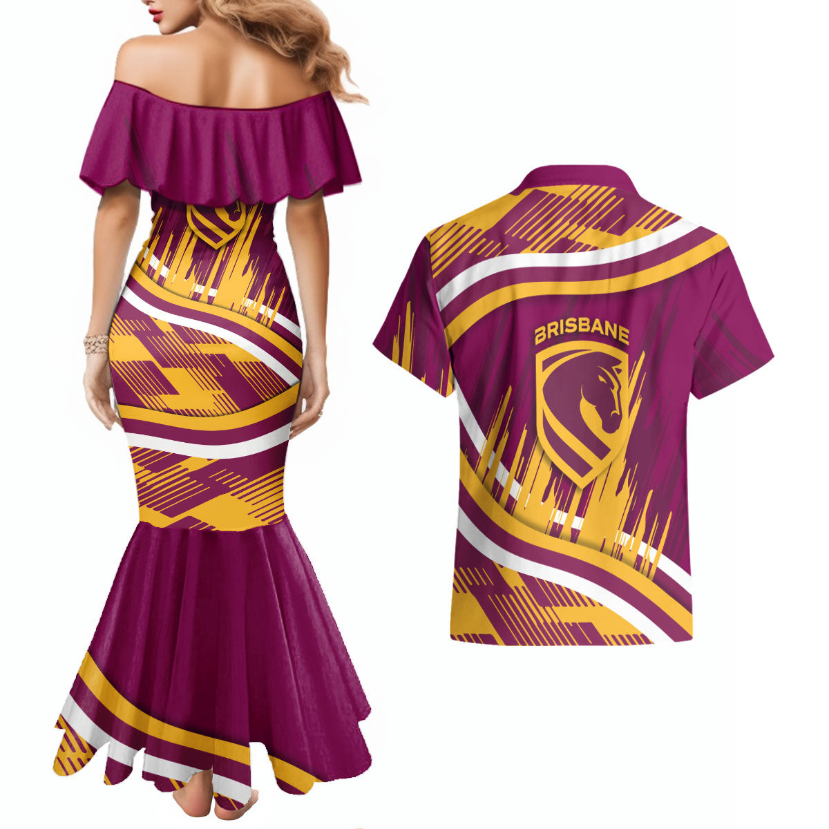 Brisbane Broncos Rugby Mascot Couples Matching Mermaid Dress and Hawaiian Shirt Fierce Athlete Graphic in Sports Style