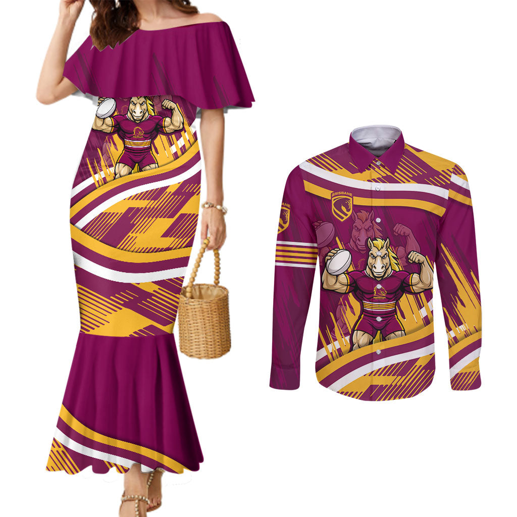 Brisbane Broncos Rugby Mascot Couples Matching Mermaid Dress and Long Sleeve Button Shirt Fierce Athlete Graphic in Sports Style