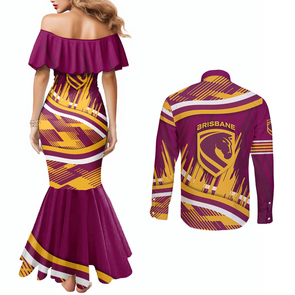 Brisbane Broncos Rugby Mascot Couples Matching Mermaid Dress and Long Sleeve Button Shirt Fierce Athlete Graphic in Sports Style