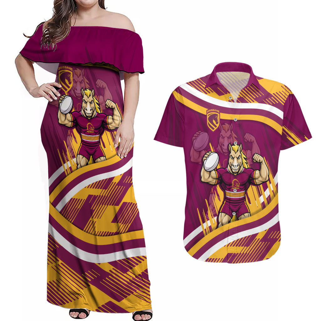 Brisbane Broncos Rugby Mascot Couples Matching Off Shoulder Maxi Dress and Hawaiian Shirt Fierce Athlete Graphic in Sports Style