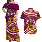 Brisbane Broncos Rugby Mascot Couples Matching Off Shoulder Maxi Dress and Hawaiian Shirt Fierce Athlete Graphic in Sports Style