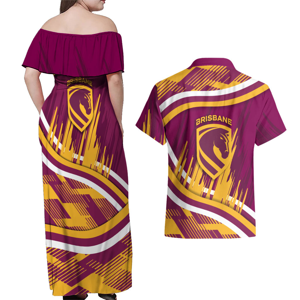 Brisbane Broncos Rugby Mascot Couples Matching Off Shoulder Maxi Dress and Hawaiian Shirt Fierce Athlete Graphic in Sports Style