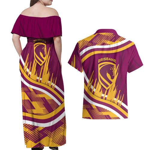 Brisbane Broncos Rugby Mascot Couples Matching Off Shoulder Maxi Dress and Hawaiian Shirt Fierce Athlete Graphic in Sports Style