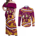 Brisbane Broncos Rugby Mascot Couples Matching Off Shoulder Maxi Dress and Long Sleeve Button Shirt Fierce Athlete Graphic in Sports Style