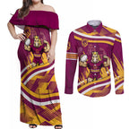 Brisbane Broncos Rugby Mascot Couples Matching Off Shoulder Maxi Dress and Long Sleeve Button Shirt Fierce Athlete Graphic in Sports Style