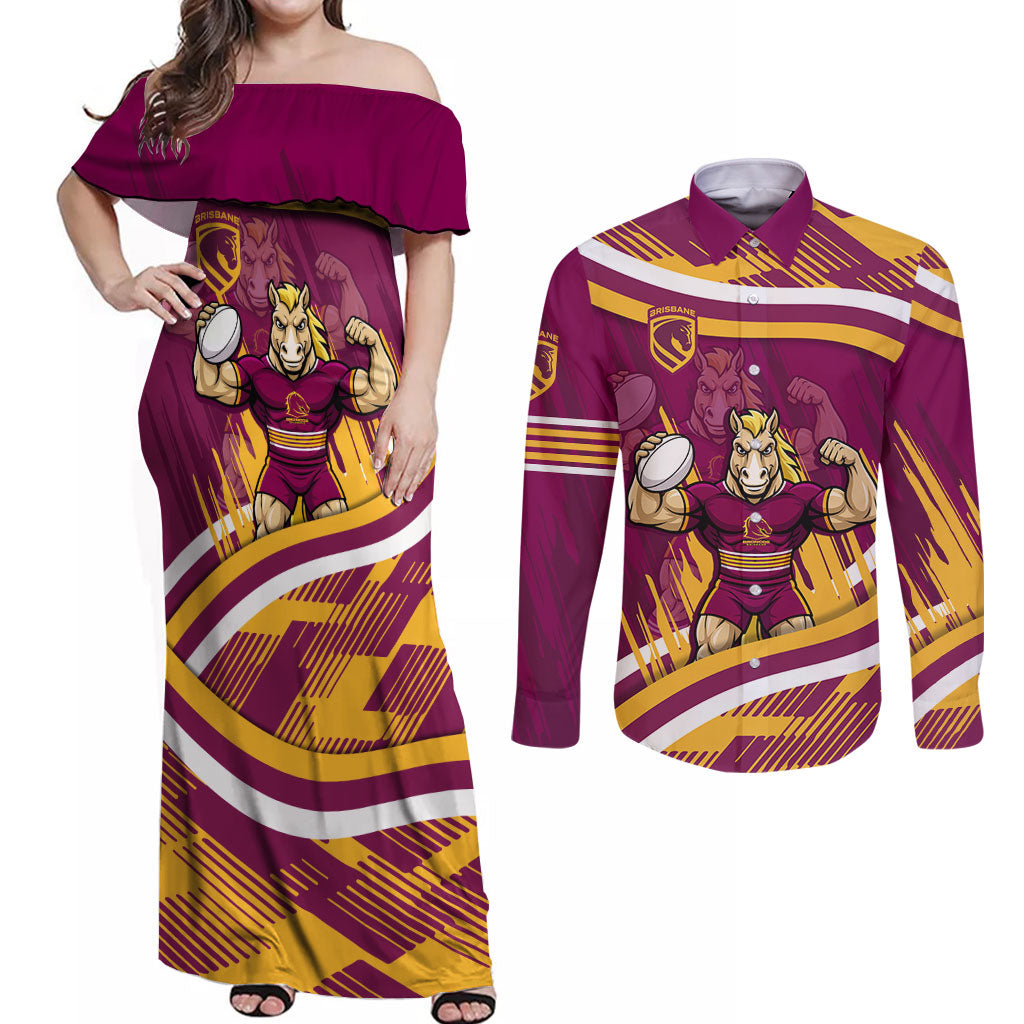 Brisbane Broncos Rugby Mascot Couples Matching Off Shoulder Maxi Dress and Long Sleeve Button Shirt Fierce Athlete Graphic in Sports Style