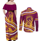 Brisbane Broncos Rugby Mascot Couples Matching Off Shoulder Maxi Dress and Long Sleeve Button Shirt Fierce Athlete Graphic in Sports Style