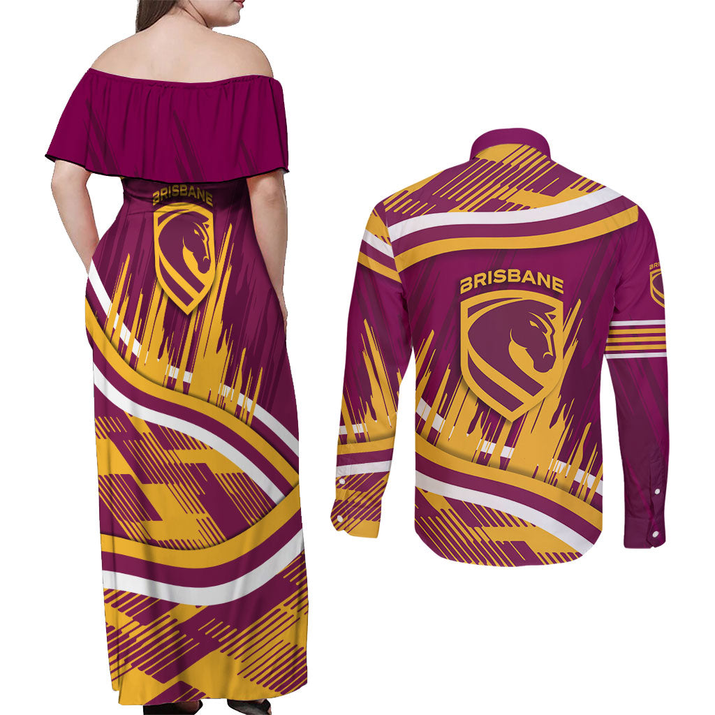 Brisbane Broncos Rugby Mascot Couples Matching Off Shoulder Maxi Dress and Long Sleeve Button Shirt Fierce Athlete Graphic in Sports Style