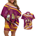 Brisbane Broncos Rugby Mascot Couples Matching Off Shoulder Short Dress and Hawaiian Shirt Fierce Athlete Graphic in Sports Style