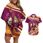 Brisbane Broncos Rugby Mascot Couples Matching Off Shoulder Short Dress and Hawaiian Shirt Fierce Athlete Graphic in Sports Style