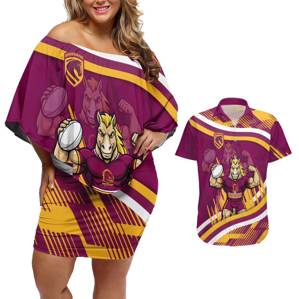 Brisbane Broncos Rugby Mascot Couples Matching Off Shoulder Short Dress and Hawaiian Shirt Fierce Athlete Graphic in Sports Style