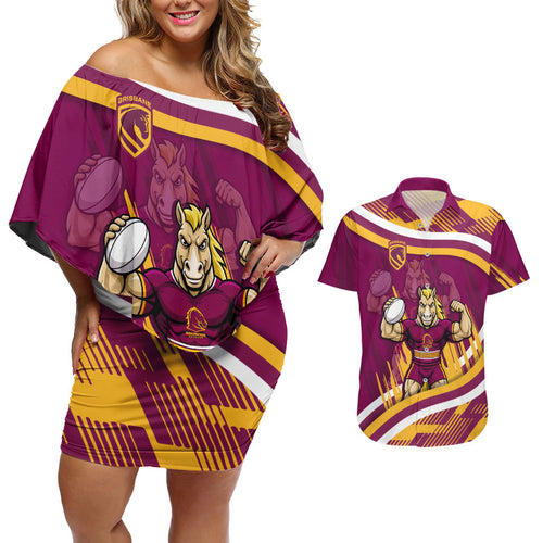 Brisbane Broncos Rugby Mascot Couples Matching Off Shoulder Short Dress and Hawaiian Shirt Fierce Athlete Graphic in Sports Style