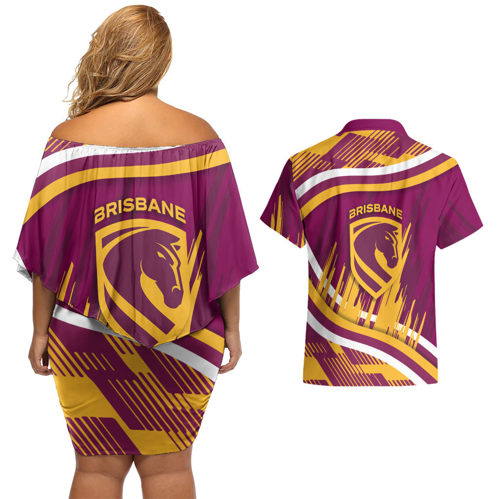 Brisbane Broncos Rugby Mascot Couples Matching Off Shoulder Short Dress and Hawaiian Shirt Fierce Athlete Graphic in Sports Style