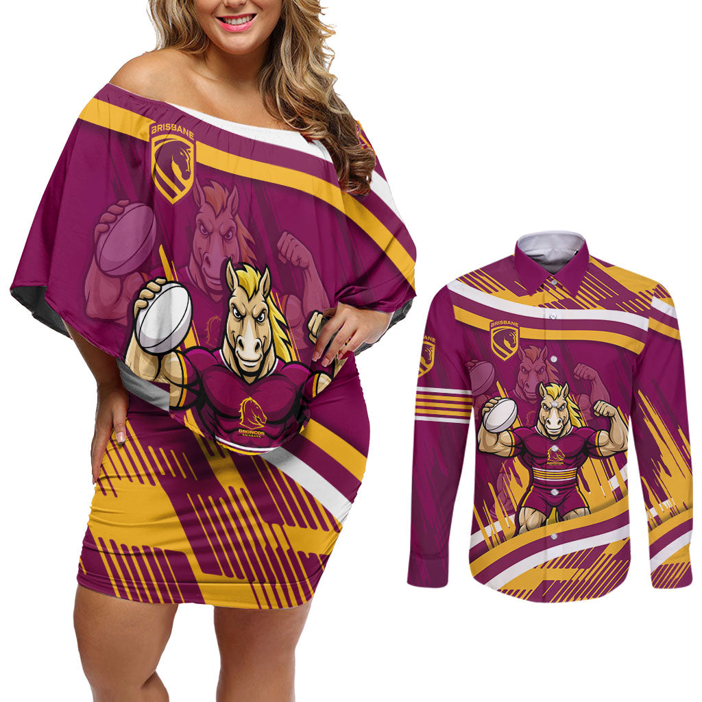 Brisbane Broncos Rugby Mascot Couples Matching Off Shoulder Short Dress and Long Sleeve Button Shirt Fierce Athlete Graphic in Sports Style