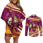 Brisbane Broncos Rugby Mascot Couples Matching Off Shoulder Short Dress and Long Sleeve Button Shirt Fierce Athlete Graphic in Sports Style