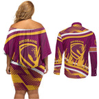 Brisbane Broncos Rugby Mascot Couples Matching Off Shoulder Short Dress and Long Sleeve Button Shirt Fierce Athlete Graphic in Sports Style