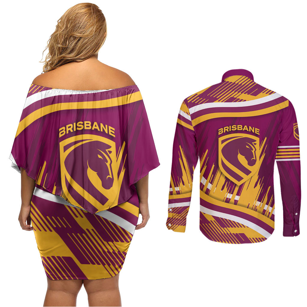 Brisbane Broncos Rugby Mascot Couples Matching Off Shoulder Short Dress and Long Sleeve Button Shirt Fierce Athlete Graphic in Sports Style