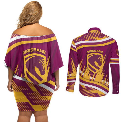 Brisbane Broncos Rugby Mascot Couples Matching Off Shoulder Short Dress and Long Sleeve Button Shirt Fierce Athlete Graphic in Sports Style