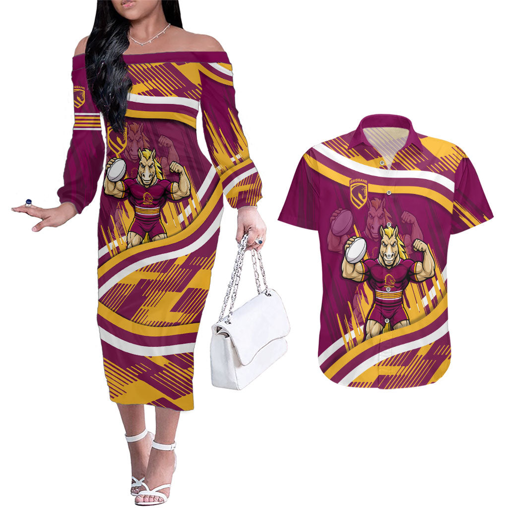 Brisbane Broncos Rugby Mascot Couples Matching Off The Shoulder Long Sleeve Dress and Hawaiian Shirt Fierce Athlete Graphic in Sports Style
