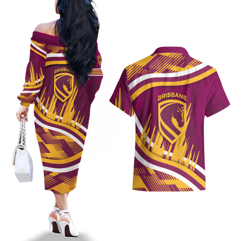 Brisbane Broncos Rugby Mascot Couples Matching Off The Shoulder Long Sleeve Dress and Hawaiian Shirt Fierce Athlete Graphic in Sports Style