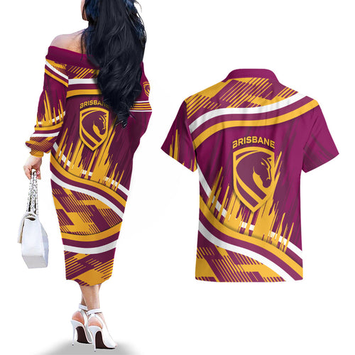Brisbane Broncos Rugby Mascot Couples Matching Off The Shoulder Long Sleeve Dress and Hawaiian Shirt Fierce Athlete Graphic in Sports Style