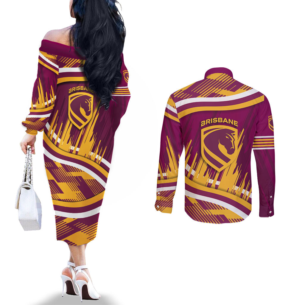 Brisbane Broncos Rugby Mascot Couples Matching Off The Shoulder Long Sleeve Dress and Long Sleeve Button Shirt Fierce Athlete Graphic in Sports Style