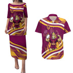 Brisbane Broncos Rugby Mascot Couples Matching Puletasi and Hawaiian Shirt Fierce Athlete Graphic in Sports Style