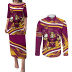 Brisbane Broncos Rugby Mascot Couples Matching Puletasi and Long Sleeve Button Shirt Fierce Athlete Graphic in Sports Style