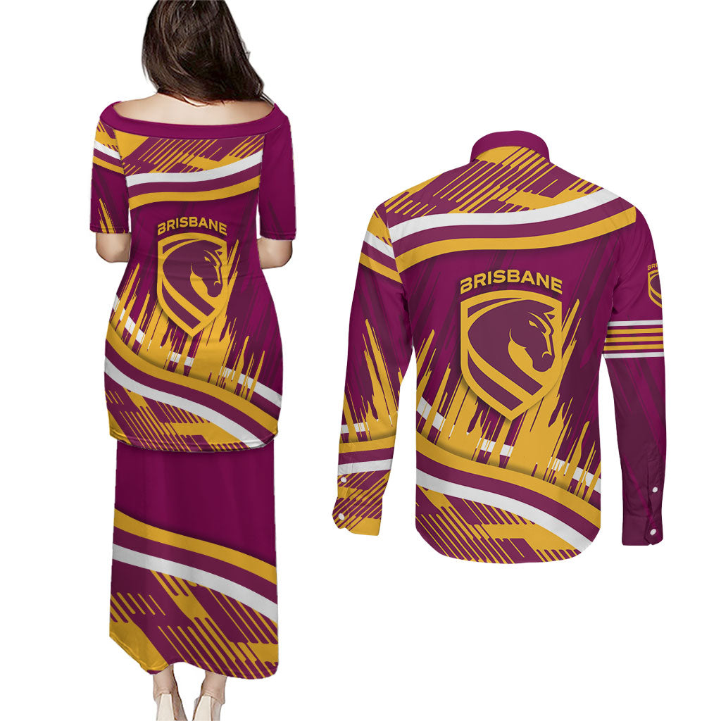 Brisbane Broncos Rugby Mascot Couples Matching Puletasi and Long Sleeve Button Shirt Fierce Athlete Graphic in Sports Style