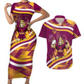 Brisbane Broncos Rugby Mascot Couples Matching Short Sleeve Bodycon Dress and Hawaiian Shirt Fierce Athlete Graphic in Sports Style