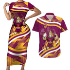 Brisbane Broncos Rugby Mascot Couples Matching Short Sleeve Bodycon Dress and Hawaiian Shirt Fierce Athlete Graphic in Sports Style