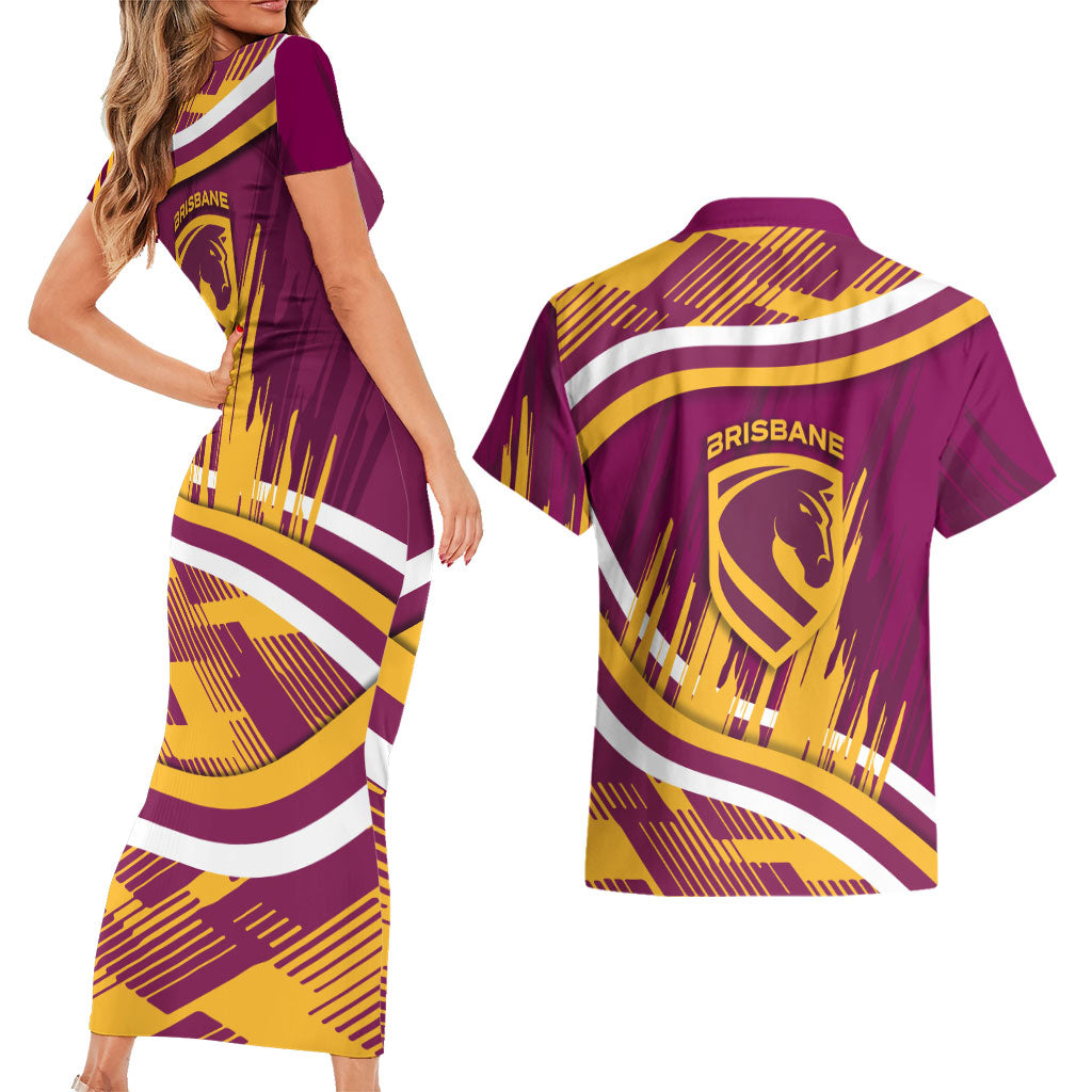 Brisbane Broncos Rugby Mascot Couples Matching Short Sleeve Bodycon Dress and Hawaiian Shirt Fierce Athlete Graphic in Sports Style