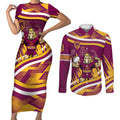 Brisbane Broncos Rugby Mascot Couples Matching Short Sleeve Bodycon Dress and Long Sleeve Button Shirt Fierce Athlete Graphic in Sports Style