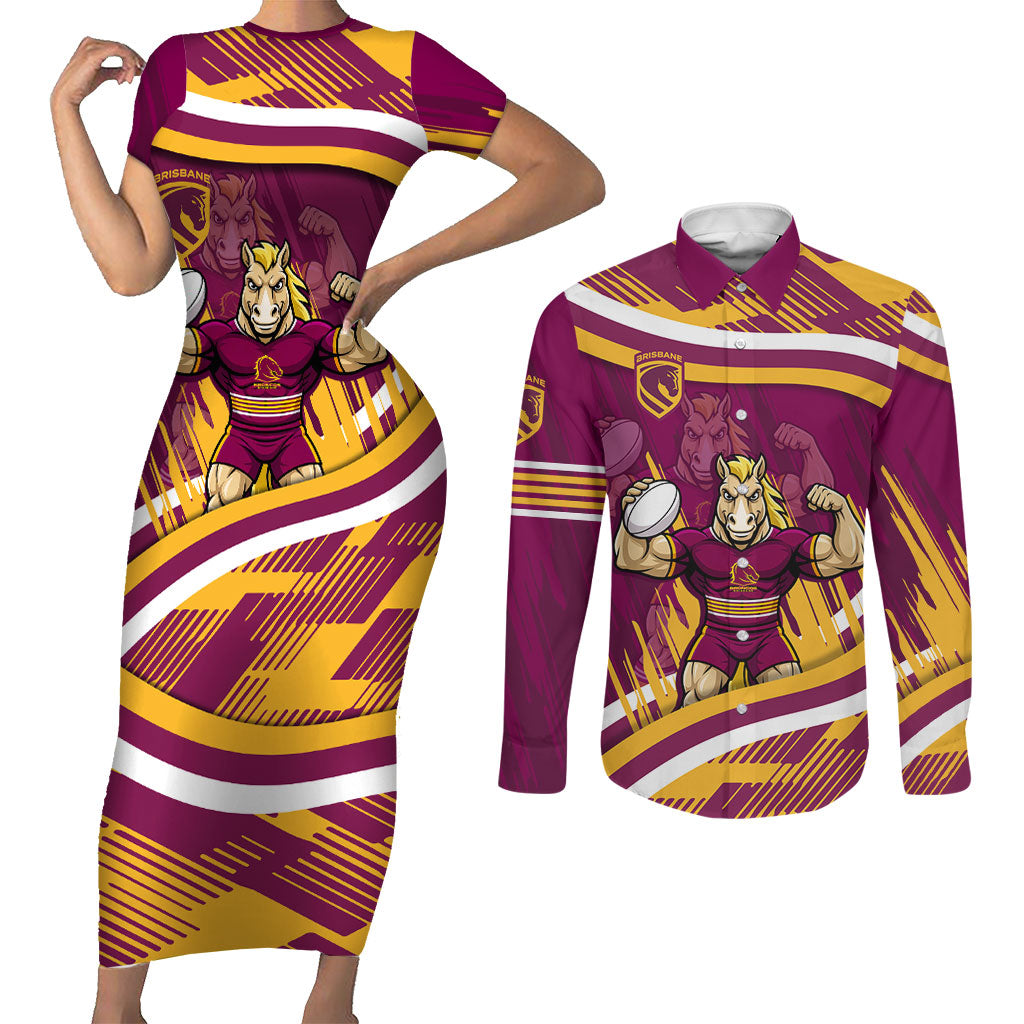 Brisbane Broncos Rugby Mascot Couples Matching Short Sleeve Bodycon Dress and Long Sleeve Button Shirt Fierce Athlete Graphic in Sports Style